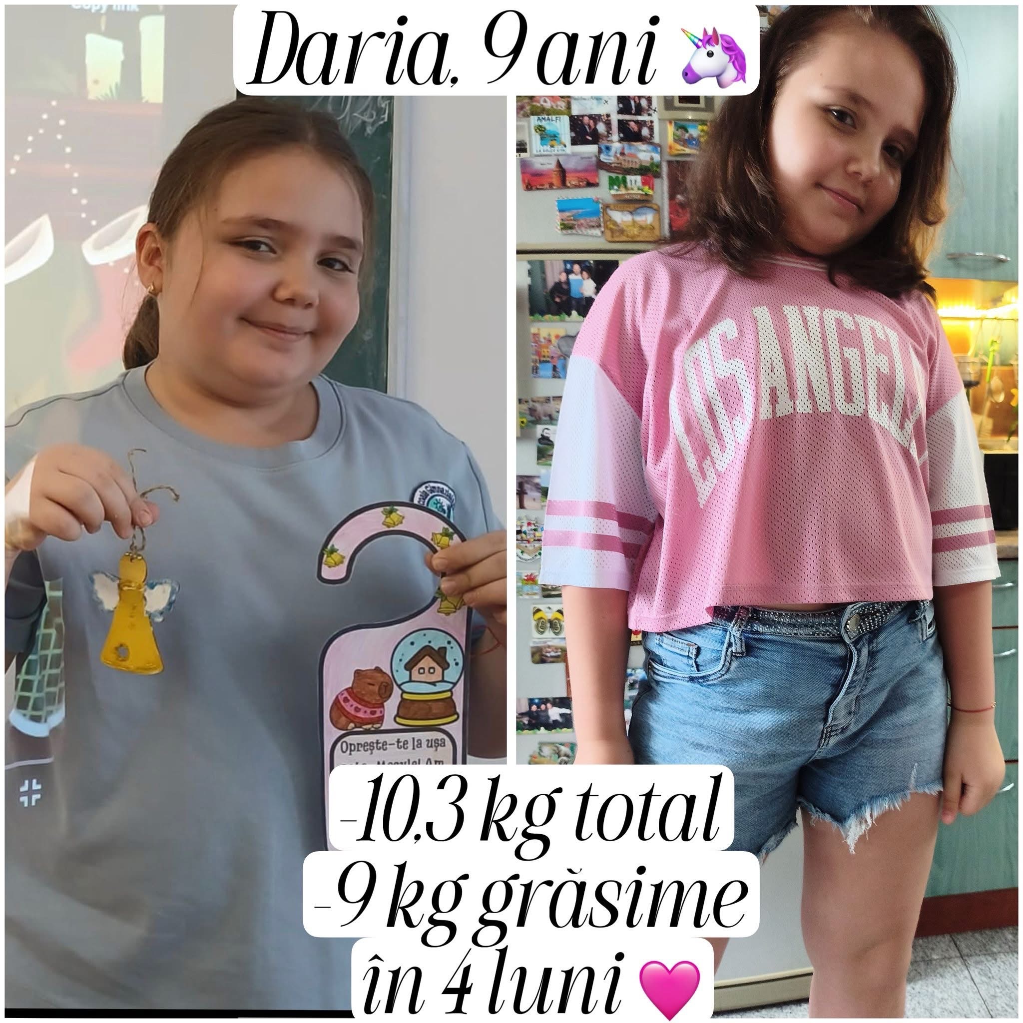 Before/after Daria, 9 ani, -10,3 kg în 4 luni